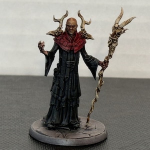May include: A painted miniature figure of a dark-skinned man wearing a black robe with a red sash and a bone crown. He holds a staff with a bone skull at the top.