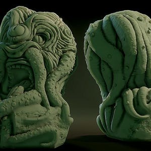 May include: Two views of a sage green resin figurine depicting a creature with a central eye, a wide open mouth, and numerous textured tentacles. The figure is perched upon a rocky base, showcasing intricate swirling details and bumps.