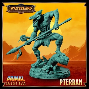 May include: A teal Pterran figurine from Primal Collectibles, holding a spear. The figure is muscular and reptilian, standing on a base with the word "PTERRAN" at the bottom. The image includes the "WASTELAND" logo.