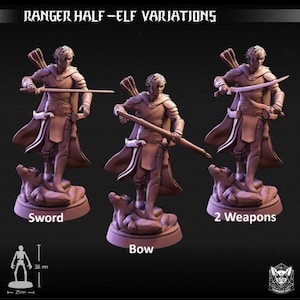 May include: Three brown miniature figures of a Ranger Half-Elf with different weapon variations: sword, bow, and two weapons. Each figure is standing on a rocky base. The text "Ranger Half-Elf Variations" is at the top.