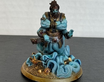 Pode incluir: Uma figura de gênio azul com barba e turbante, em pé em uma nuvem de fumaça azul com moedas de ouro e uma lâmpada dourada.