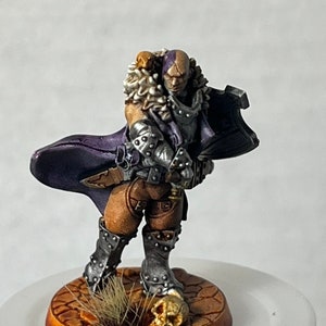 May include: A painted miniature figure of a warrior wearing a purple cloak and brown leather pants. The figure is holding a sword and has a small animal on its shoulder. The figure is standing on a brown base with a skull.