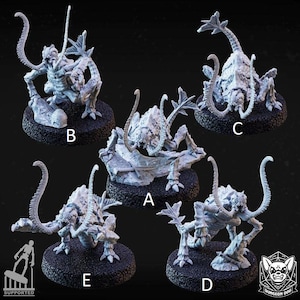 May include: Five detailed miniature fantasy creature models in various poses. Each model is a light grey colour, mounted on a black base. The creatures have multiple limbs, antennae, and spiky features. The image includes the text "SUPPORTED" and a logo.