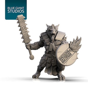 May include: A detailed, gray fantasy figurine of a reptilian humanoid warrior. The figure holds a spiked club and a round shield with geometric designs. The Blue Giant Studios logo is in the upper left corner.