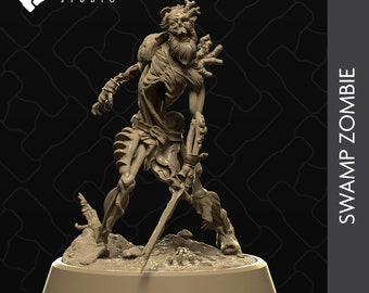 Könnte beinhalten: Beigefarbene Sumpf-Zombie-Figur, die ein Schwert hält. Die Figur hat ein skelettartiges Aussehen mit freiliegenden Rippen und einer verwitterten, strukturierten Oberfläche. Der Sockel ist rund und beige, mit dem Text "SWAMP ZOMBIE" in Weiß.