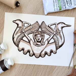Linocut of an archaeological piece of goddess Astarte from the Tartessian civilization, linocut of the &quot;Bronze Carriazo&quot;
