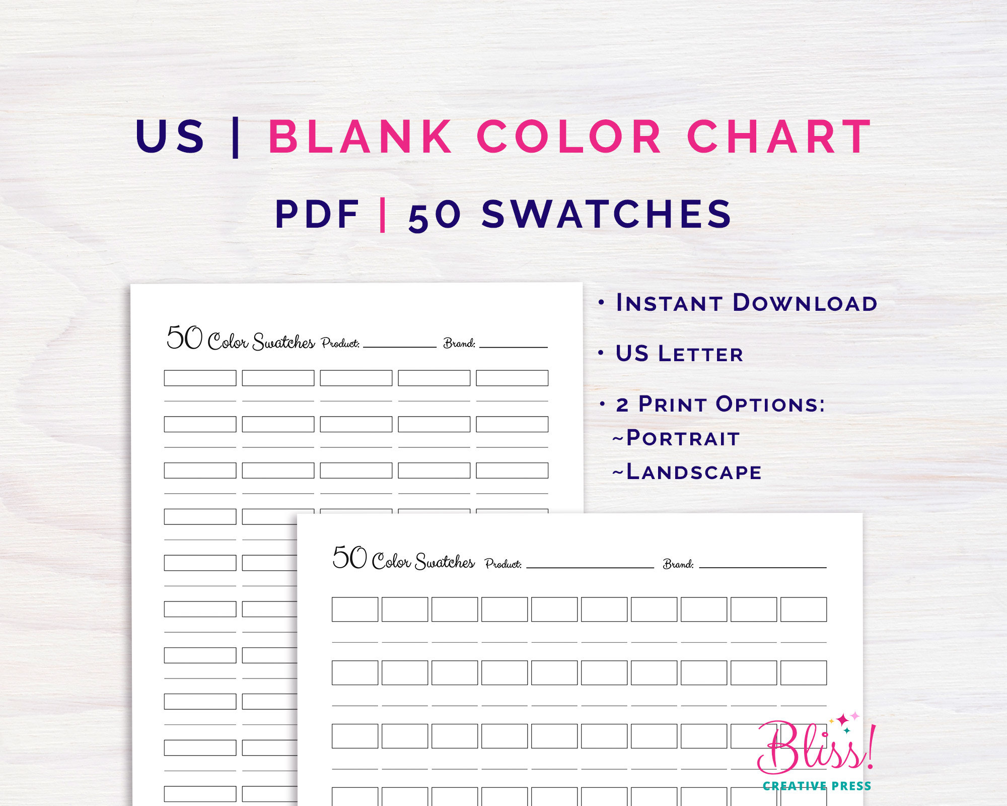 US Blank Color Swatch Chart 50 Colors US Letter Portrait Landscape DIY ...