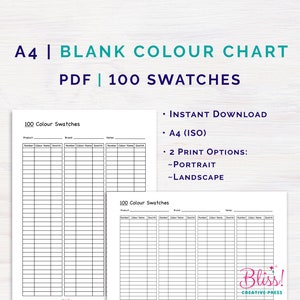 May include: A printable A4 (ISO) color chart with 100 blank swatches. The chart is designed for use with paint, markers, or other art supplies. It includes spaces for color name, number, and brand. The chart can be printed in portrait or landscape orientation.