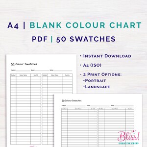 May include: A printable A4 color chart with 50 blank swatches for recording color information. The chart is divided into two columns with headings for number, color name, and swatch. The chart is designed for instant download and can be printed in portrait or landscape orientation.