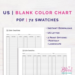 May include: Printable blank color chart with 72 swatches. The chart is divided into two sections, each with 36 swatches. Each swatch has space for a color name, number, and brand. The chart is designed for US Letter size paper and can be printed in portrait or landscape orientation.