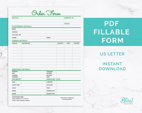 order form template editable fillable pdf form small etsy