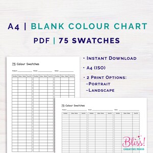 May include: A printable A4 (ISO) color chart with 75 blank swatches for recording color information. The chart is designed for portrait or landscape printing and includes fields for color name, number, brand, and notes.