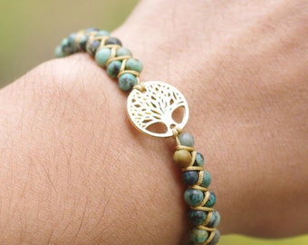 Healing Stone Yoga Bracelet - Tree of Life Charm Bracelet - Boho Natural Stone Bracelet - African Jasper Beadss Braided -Anxiety Relief Gift