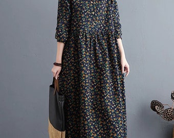 Linen Dress For Women / New Design Dress With Pocket / Cotton Dress For Women / Linen Floral Dress For Women /Linen Long Sleeve Dress