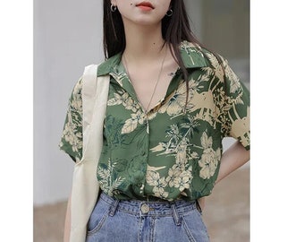 Women Floral Printed Loose Shirt / Summer Casual Short Sleeve Blouse