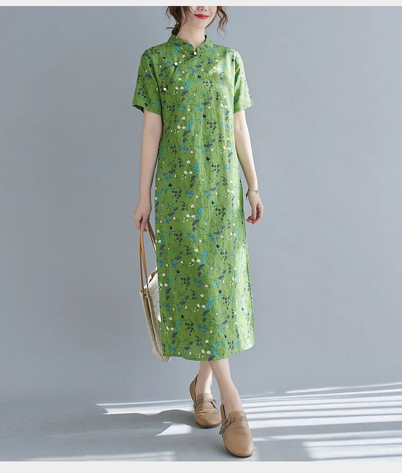 Women Linen Dress , Linen Midi Dress , Women Linen Floral Print Dress
