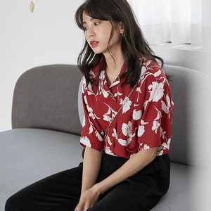 Loose Red Print Side Open Cotton Blouses Summer GG060 main image 1