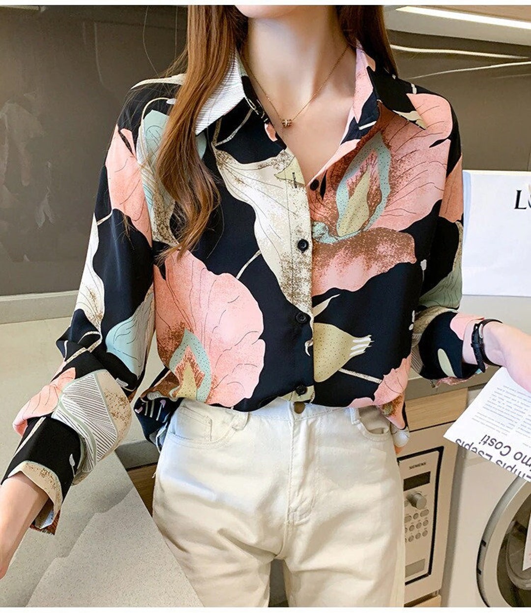 Floral Long Sleeve Woman Blouse , Loose Printed Long Sleeve Women Shirt ...