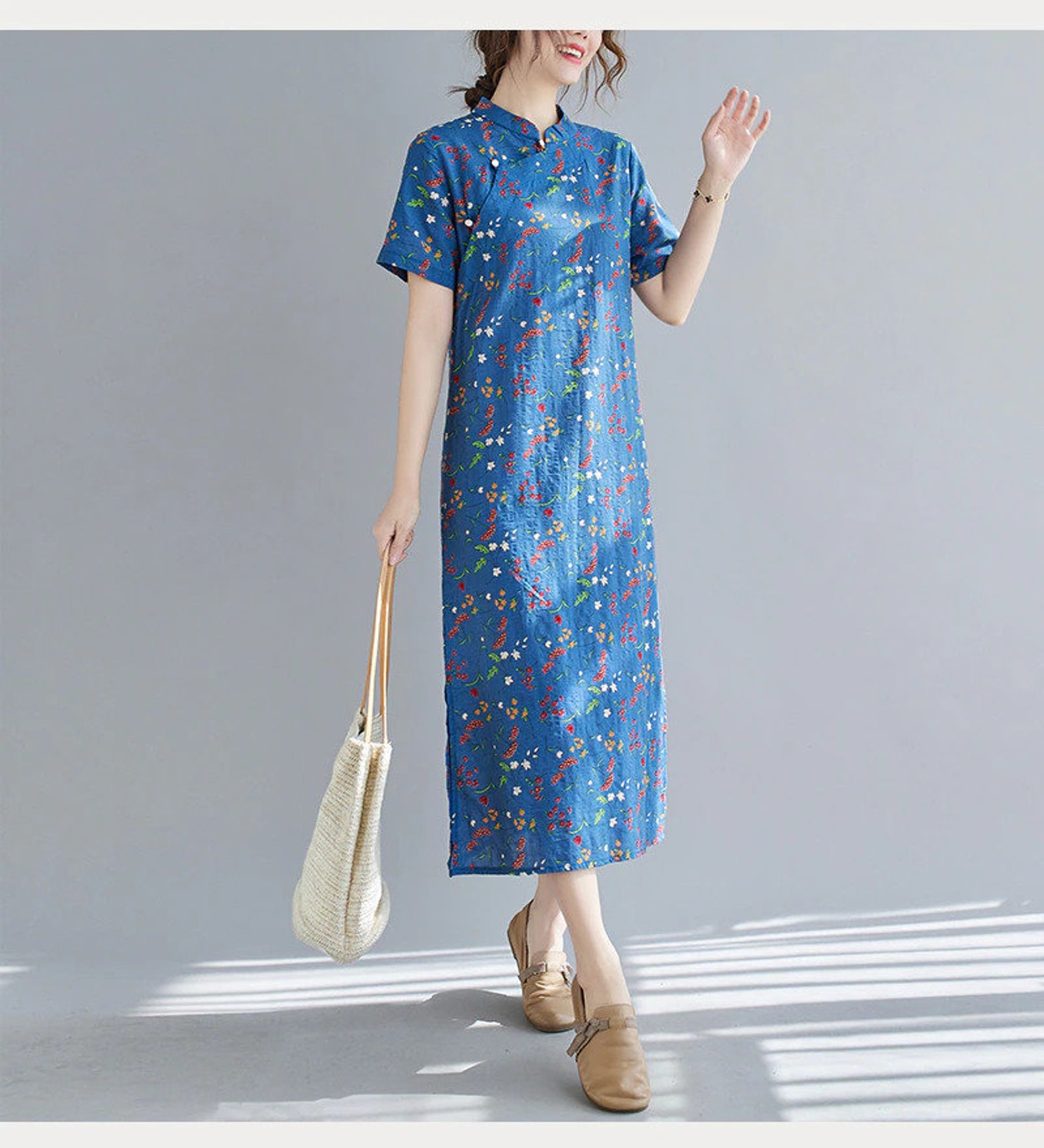 Women Linen Dress , Linen Midi Dress , Women Linen Floral Print Dress