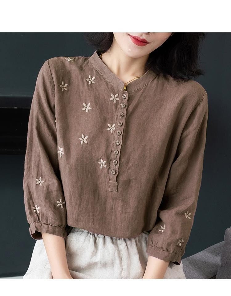 Women Floral Long Sleeve Blouse Linen and Cotton Loose Etsy