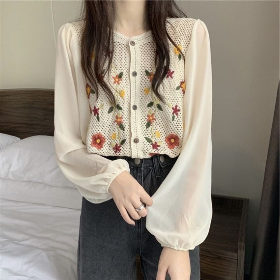 Women White Blouse Embroidered Floral Long Sleeve Women - Etsy