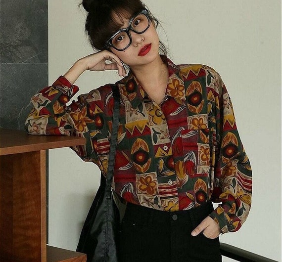 Blusa de mujer suelta con estampado floral camisas de mujer retro