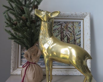 Vintage Mid Century Solid Brass Deer / Elk / Reindeer Statue