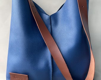 Blue Leather Hobo Bag, Handmade Minimalist Shoulder Tote