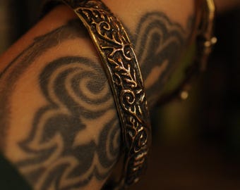 Carved Brass Bangle Bracelet – Celtic Fern Motif, Inspired by Nature and Antique Jewelry