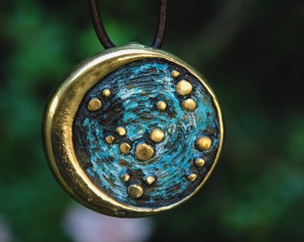 Black Moon pendant, Lilith lunar sky disc in solid brass and patina