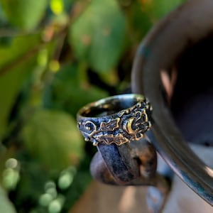 Peut inclure: Une bague métallique avec une finition sombre et oxydée et des détails dorés en relief. L'anneau présente un motif en relief composé de feuilles complexes et d'un croissant de lune, créant une surface texturée et dimensionnelle sur tout le pourtour.