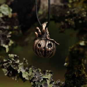Op de afbeelding: Een bronzen pompoen hanger met een uitgesneden gezicht, hangend aan een zwart koord. De pompoen heeft een getextureerd oppervlak en staat tegen een vage achtergrond van groen gebladerte, wat een Halloween- of herfstthema suggereert.