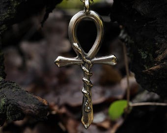 Large Ankh pendant with solid brass serpent - Handmade piece - Egyptian Key of Life - Talisman
