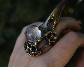 Very large Dark Witch sculpted ring in brass and quartz bead, unique piece