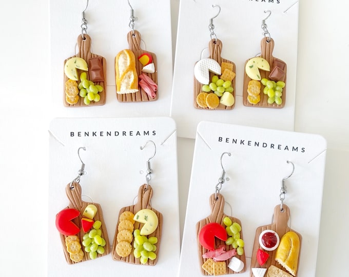 Mini Charcuterie Board Earrings | Handmade Polymer Clay Food Jewelry |  Cheese & Meat Dangle Earrings| Cute Gift for Food Lovers