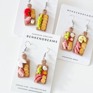 Mini Charcuterie Board Earrings | Handmade Polymer Clay Food Jewelry |  Cheese & Meat Dangle Earrings| Cute Gift for Food Lovers