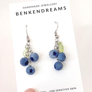 Blueberry Dangle Earrings – Handmade Polymer Clay Fruit Earrings – Cute Summer Statement Jewellery