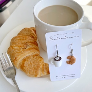 Croissant coffee clay earrings, food miniature earrings, boho, cute, quirky, handmade clay earrings, gift for her, food lover, dangle,