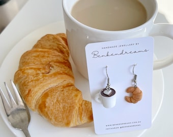 Croissant coffee clay earrings, food miniature earrings, boho, cute, quirky, handmade clay earrings, gift for her, food lover, dangle,