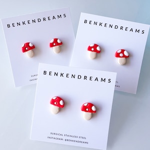 Mini Mushroom studs, toadstool earrings,  mushroom earrings, red, white, earrings, gift for her, vegan, quirky earrings, cute mushroom