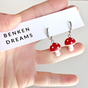 Whimsical Red Mushroom Earrings – Handmade Polymer Clay hoops