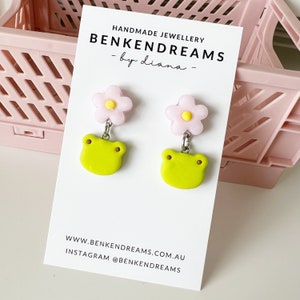 Frog Clay Earrings, Dangle Earrings, Hypoallergenic Earrings | gift for her | handmade earrings | frog lover gift| animal earrings studs