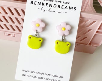 Frog Clay Earrings, Dangle Earrings, Hypoallergenic Earrings | gift for her | handmade earrings | frog lover gift| animal earrings studs