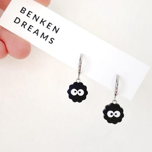 Soot Sprite earrings with leaf, anime clay earrings, cute, quirky, handmade, gift for her, food lover, dangle, dangly