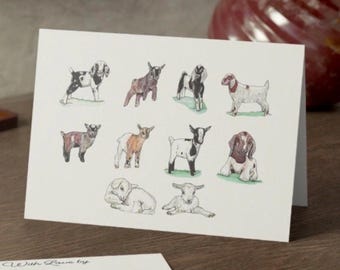 Goat Breeds Notecard: Watercolor Art Print, Farm Animal Card, Goat kids