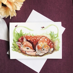 Carte de voeux faon. Carte de correspondance faite main, amoureux de la nature, cadeau pour amoureux des lapins, carte de sympathie, carte Bon rétablissement, carte d'anniversaire, carte de perte, printemps