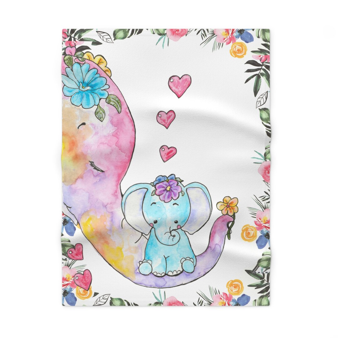 Cute Elephants Baby Blanket, Watercolor Art, Floral Baby Blanket, Baby