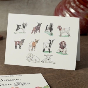 Geit kunst wenskaart. Handgemaakt, notitiekaart, geitenliefhebber, cadeau boerderijliefhebber, dierenliefhebber, verjaardagskaart, kunstprint, schattige kaart, schattige geit, 4 uur