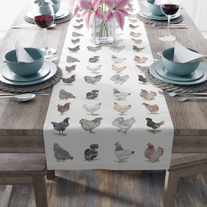 Chicken Breeds Table Runner, Farmhouse decor, Chicken Lover Gift, Animal lover gift, Chicken mom, Watercolor Art, Hand Drawn Chickens, 4H