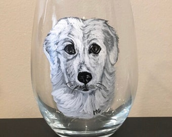 Hand painted Great Pyrenees Dog on Stemless Wine Glass|dog lover gift|pet loss|pet memorial|sheep dog|dog art|pet remembrance